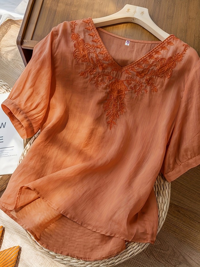 Floral Embroidery V Neck T-shirt, Vintage Half Sleeve Loose T-shirt For Spring & Summer, Women's Clothing