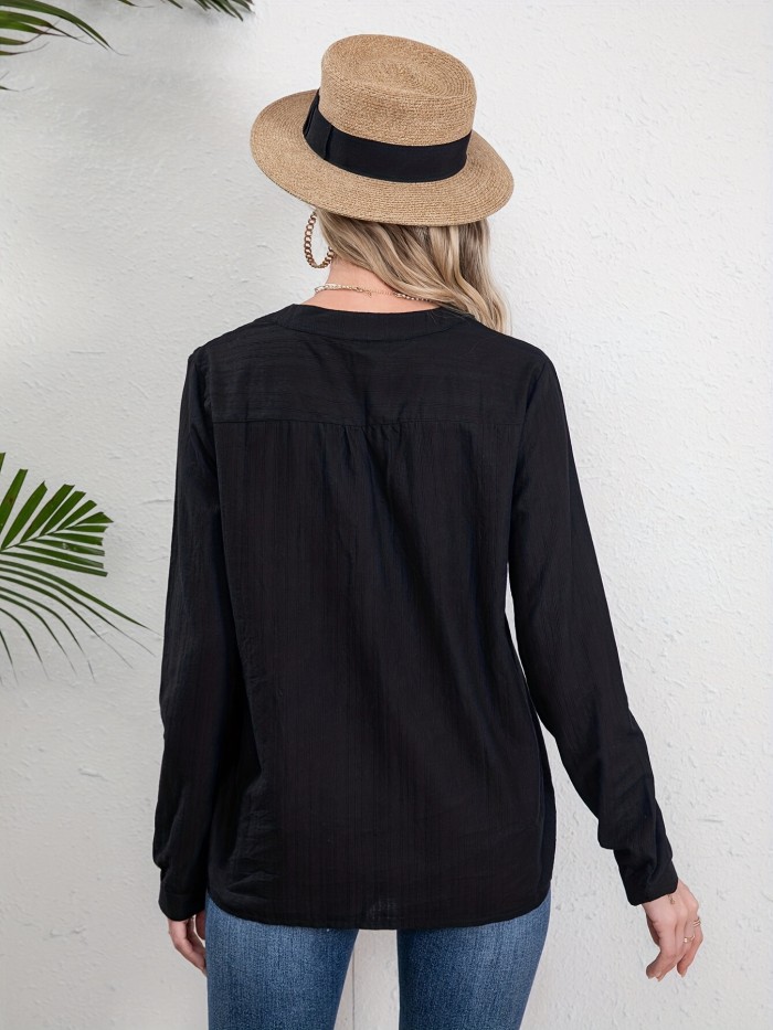 Embroidery Ethnic Style V-neck Shirt, Casual Long Sleeve Spring & Autumn Shirts Tops, Women's Clothing