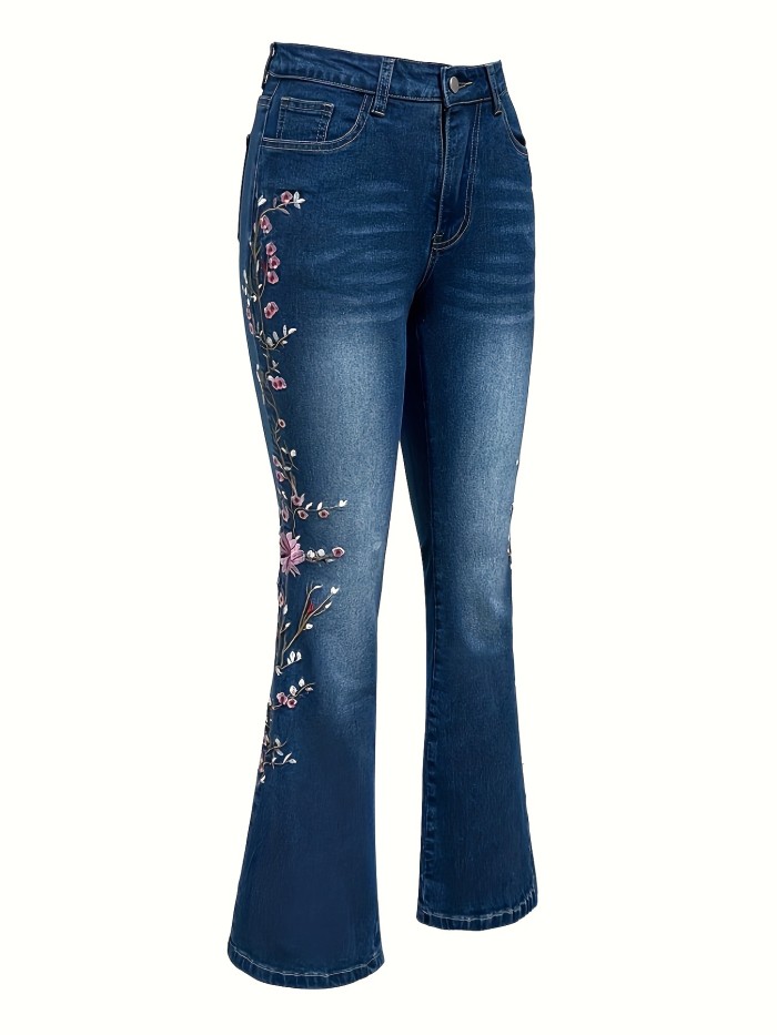 Women's Floral Embroidered Flare Jeans, Retro Style, Vintage Blue Denim, Casual Chic Pants With Elegant Embellishments