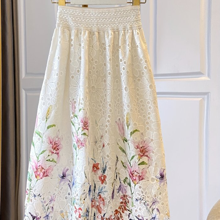 Floral Print High Waist Skirt, Elegant Lace Embroidered Loose Skirt For Spring & Summer, Women's Clothing
