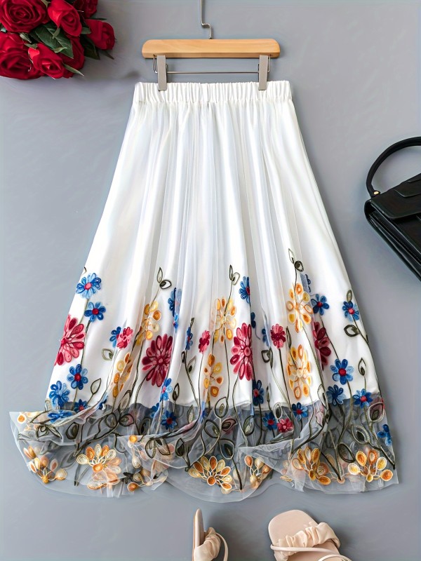 Floral Embroidered Mesh Skirt, Elegant High Waist A-line Skirt For Spring & Summer, Women's Clothing