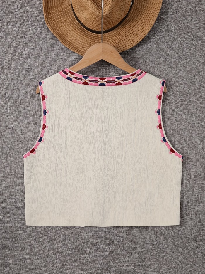 Floral Embroidered Open Front Vest, Vintage Sleeveless Loose Outwear For Spring & Fall, Women's Clothing