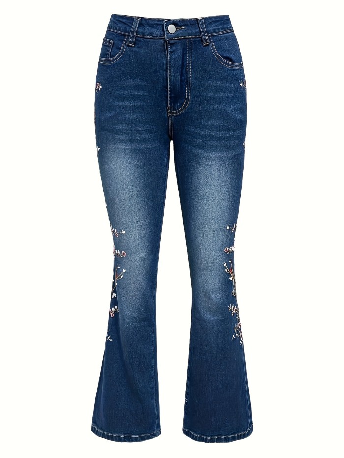 Women's Floral Embroidered Flare Jeans, Retro Style, Vintage Blue Denim, Casual Chic Pants With Elegant Embellishments
