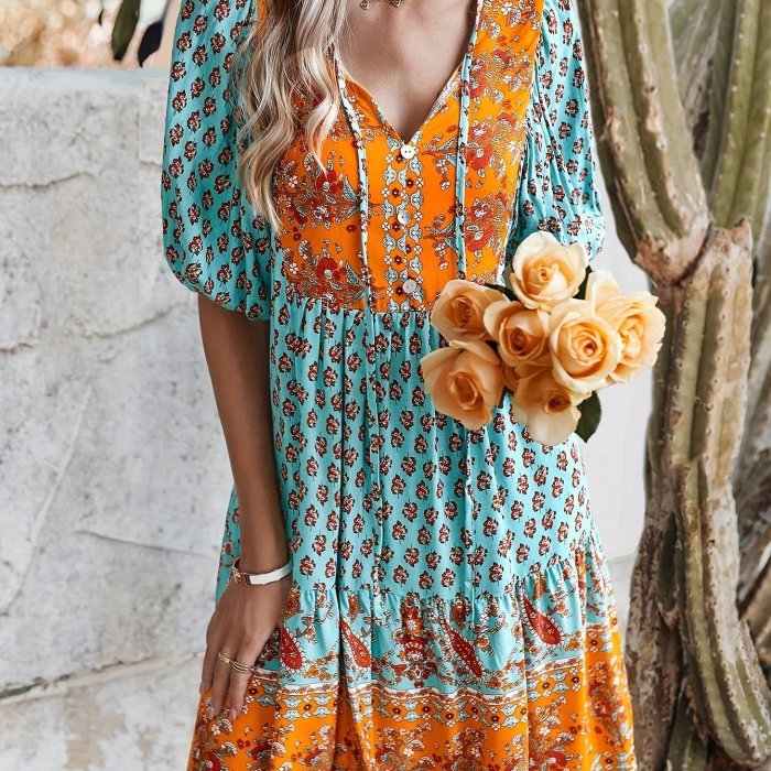 Ethnic Floral Print Lace Up Dress, Vacation Style Short Sleeve Loose Fit Dress For Spring & Summer, Women's Clothing