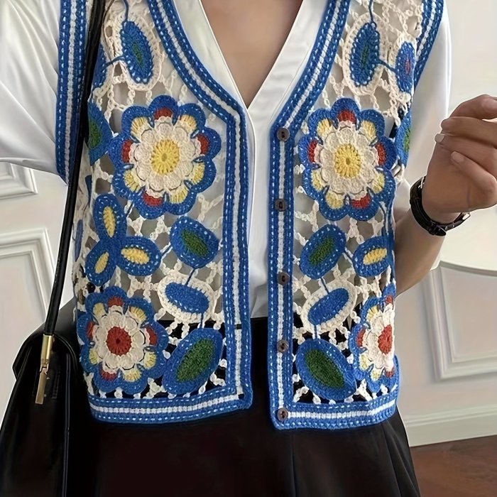 Color Block Button Front Cardigans Top, Vintage V Neck Geometric Pattern Embroidered Sleeveless Crop Vest For Every Day, Women's Clothing