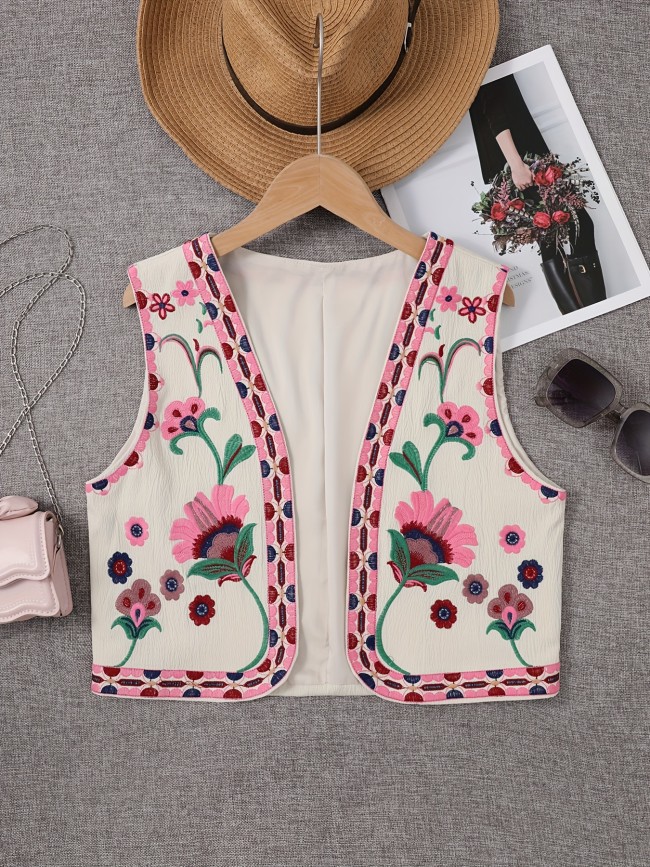 Floral Embroidered Open Front Vest, Vintage Sleeveless Loose Outwear For Spring & Fall, Women's Clothing