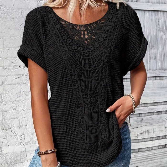 Lace Splicing Crew Neck T-shirt, Casual Short Sleeve Top For Spring & Summer, Women's Clothing