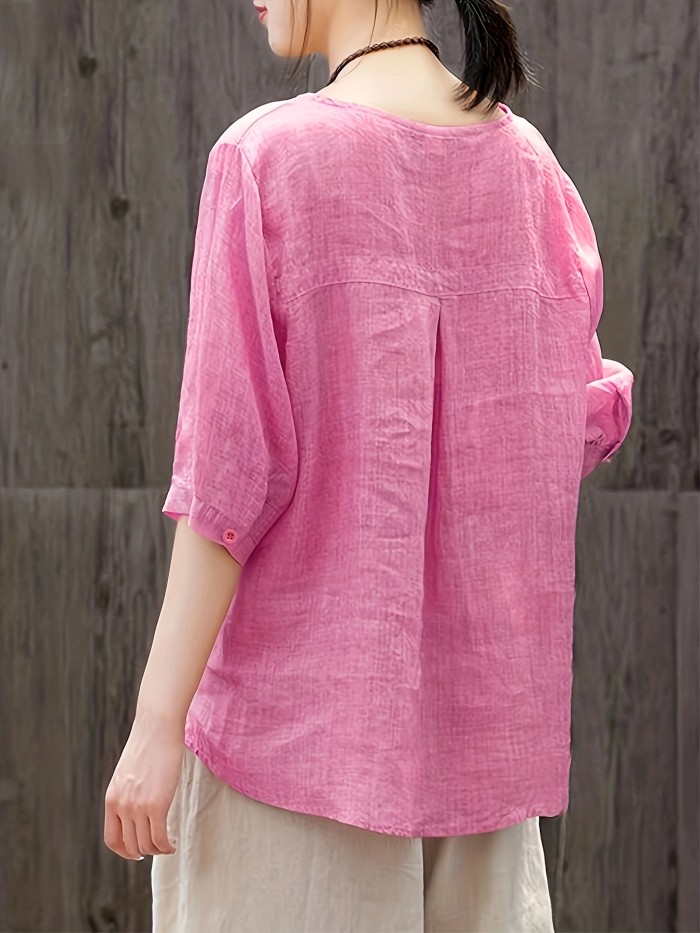 Floral Embroidery V Neck T-shirt, Vintage Half Sleeve Solid Loose Casual T-shirt, Women's Clothing