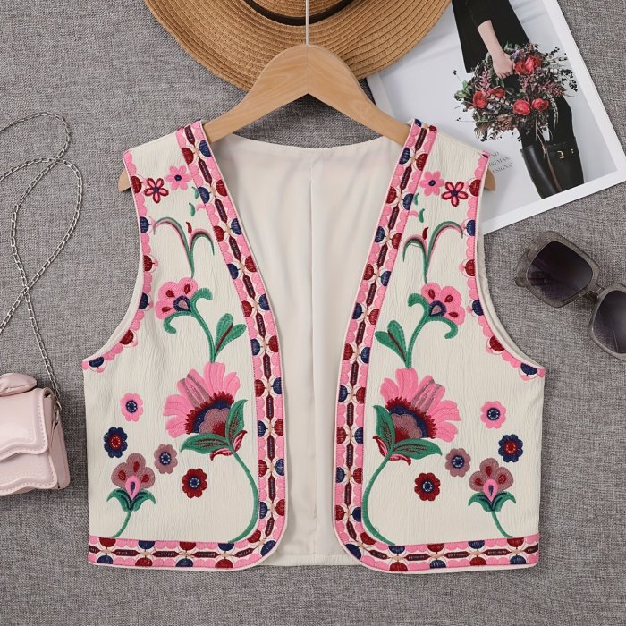 Floral Embroidered Open Front Vest, Vintage Sleeveless Loose Outwear For Spring & Fall, Women's Clothing