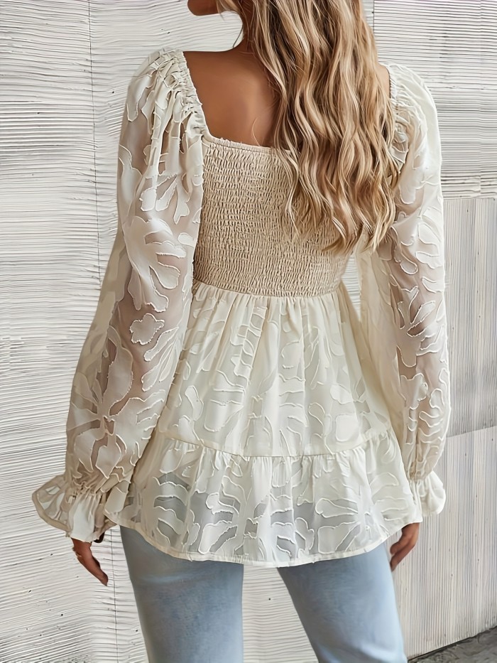 Floral Embroidered Ruffle Hem Blouse, Elegant Shirred Long Puff Sleeve Blouse For Spring & Summer, Women's Clothing