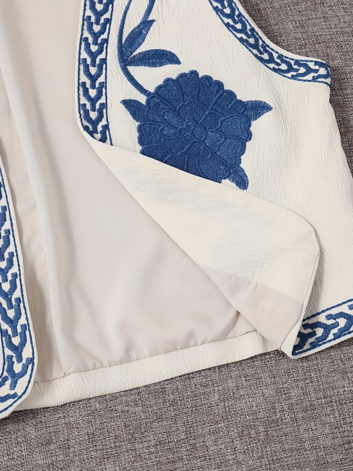 Floral Embroidered Open Front Vest, Vintage Sleeveless Loose Outwear For Spring & Fall, Women's Clothing