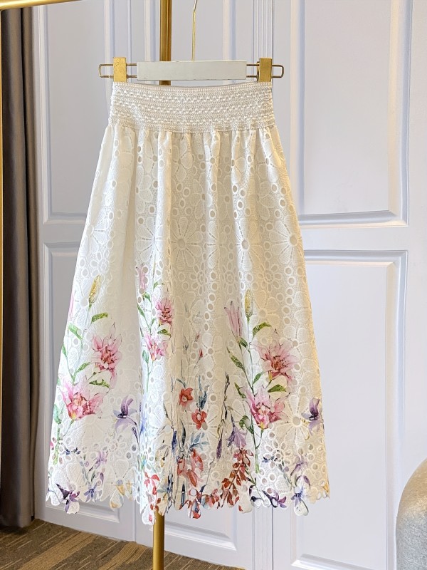 Floral Print High Waist Skirt, Elegant Lace Embroidered Loose Skirt For Spring & Summer, Women's Clothing