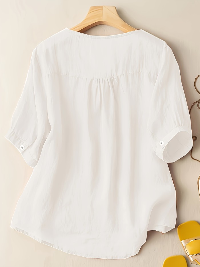 Floral Embroidery V Neck T-shirt, Vintage Half Sleeve Loose T-shirt For Spring & Summer, Women's Clothing