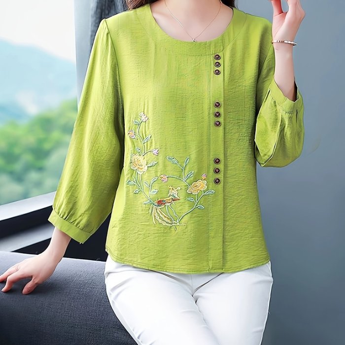 Floral Embroidered Button Decor Blouse, Vintage Crew Neck Loose Blouse For Spring & Fall, Women's Clothing