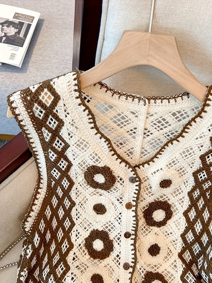 Button Front Floral Embroidered Vest, Vacation Sleeveless Knit Crochet Vest For Spring & Summer, Women's Clothing