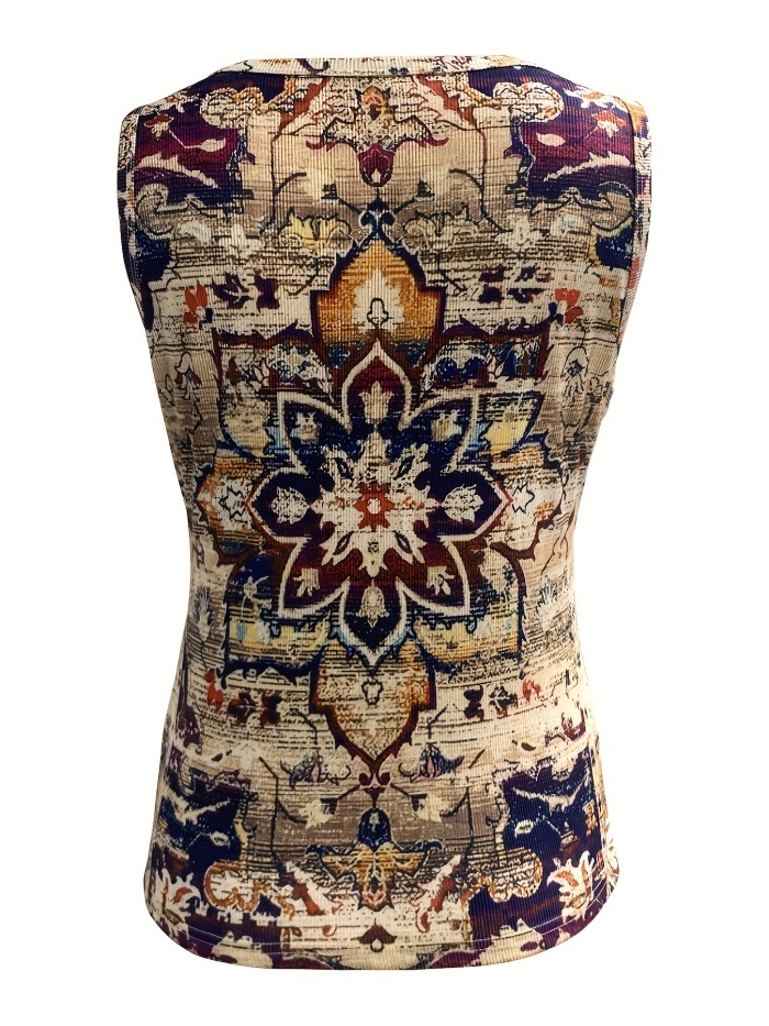 Ethnic Floral Print Tank Top, Vintage Button Front Summer Sleeveless Top, Women's Clothing