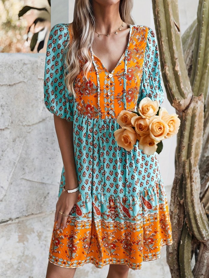 Ethnic Floral Print Lace Up Dress, Vacation Style Short Sleeve Loose Fit Dress For Spring & Summer, Women's Clothing