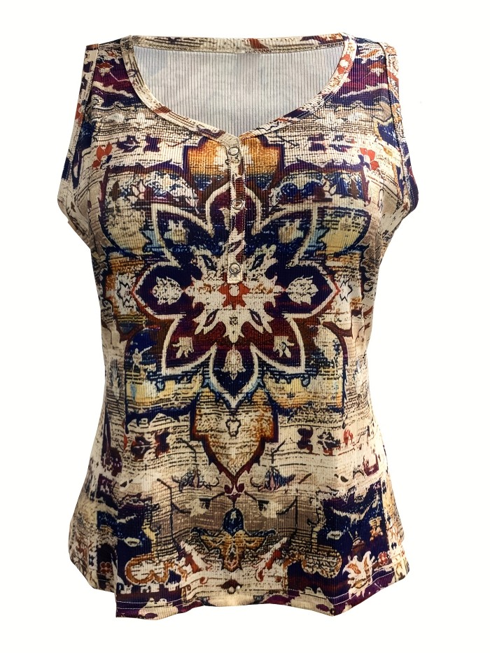 Ethnic Floral Print Tank Top, Vintage Button Front Summer Sleeveless Top, Women's Clothing