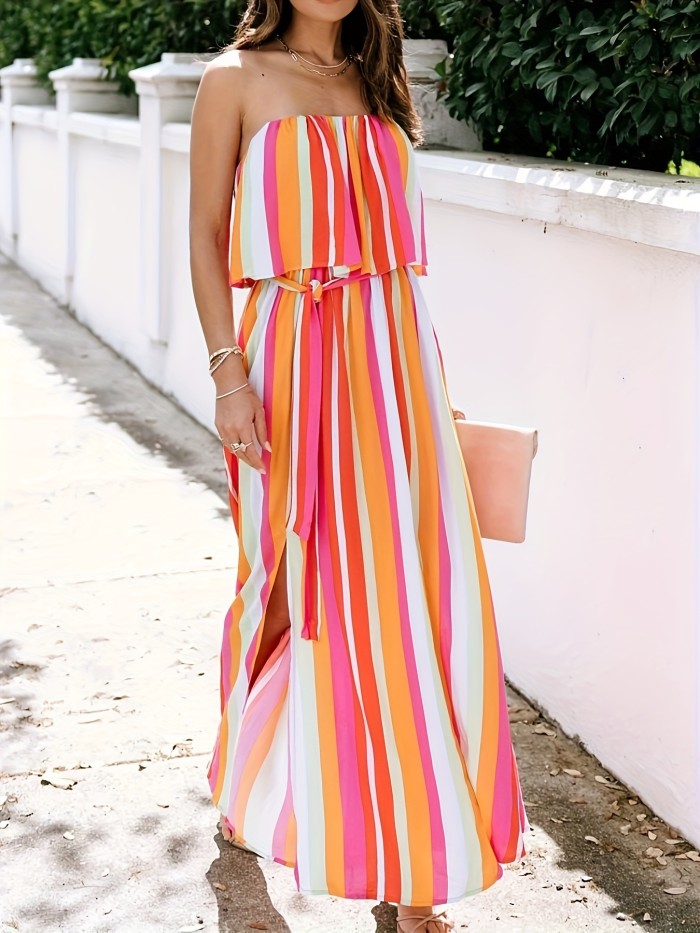 Striped Print Split Tube Dress, Vacation Style Strapless Layered Maxi Dress For Spring & Summer, Women's Clothing