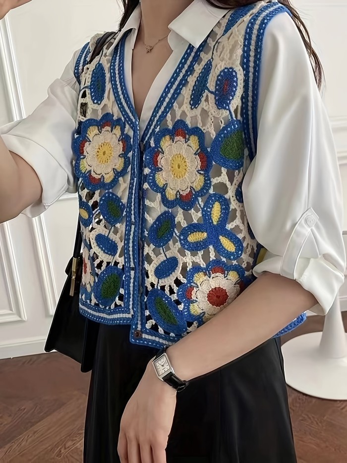 Color Block Button Front Cardigans Top, Vintage V Neck Geometric Pattern Embroidered Sleeveless Crop Vest For Every Day, Women's Clothing