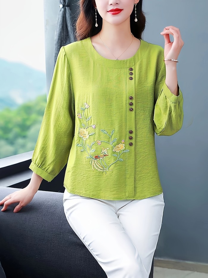 Floral Embroidered Button Decor Blouse, Vintage Crew Neck Loose Blouse For Spring & Fall, Women's Clothing