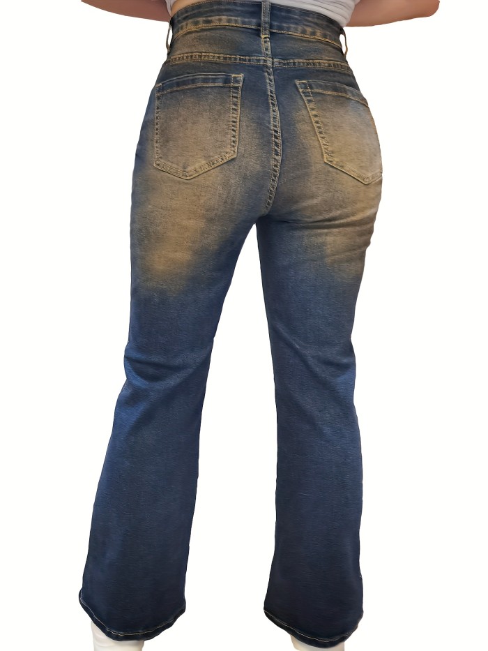 Plus Size Retro Jeans, Women's Plus Butterfly Print Button Fly Medium Stretch Grunge Flared Leg Jeans