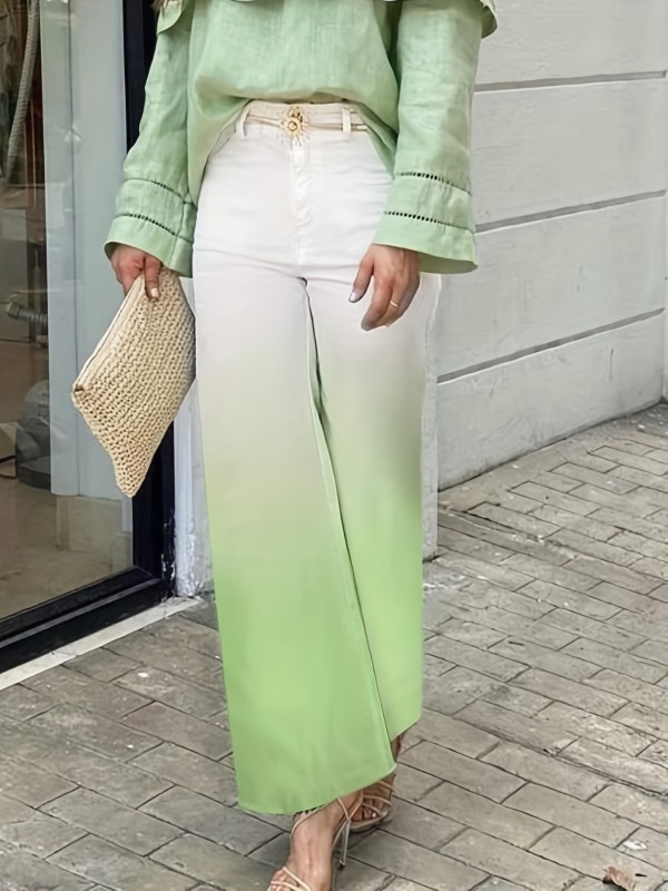 Ombre Elastic Waist Wide Leg Pants, Casual Pants For Spring & Fall, Women's Clothing