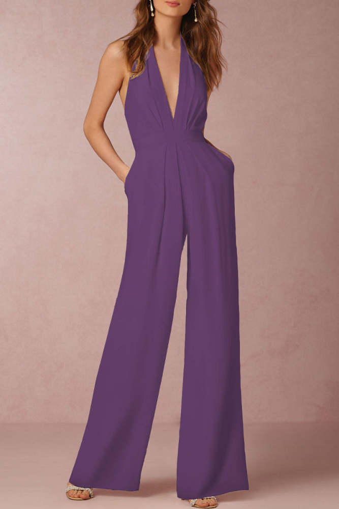 Sexy Elegant Solid Backless Fold V Neck Regular Jumpsuits