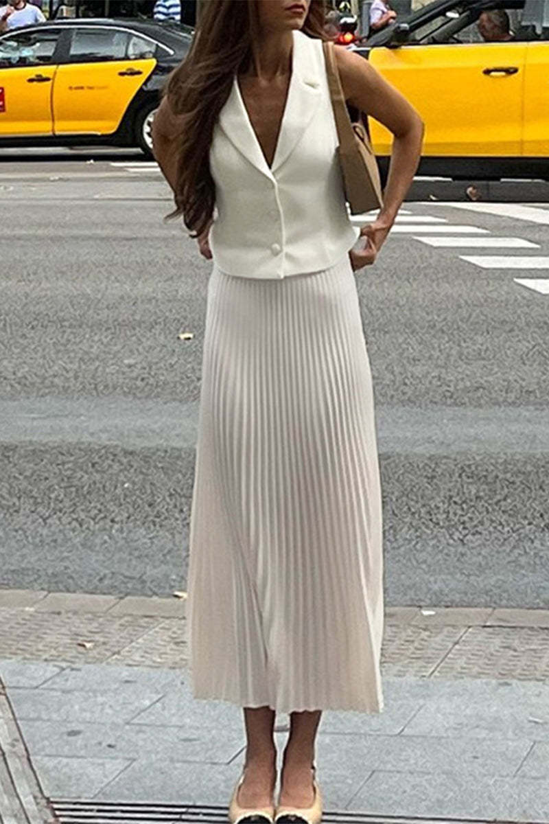 Casual British Style Solid Fold V Neck Sleeveless Two Pieces main image 1