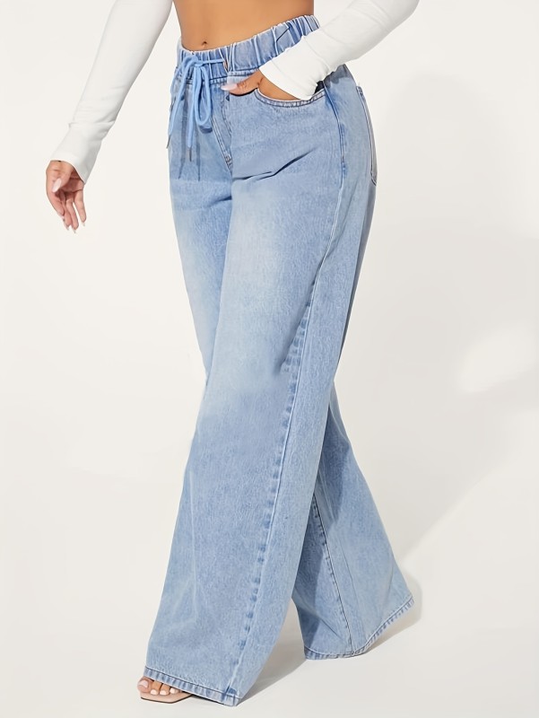 Blue Drawstring Elastic Waist Baggy Jeans, Loose Fit Washed Wide Legs Jeans, Women's Denim Jeans & Clothing