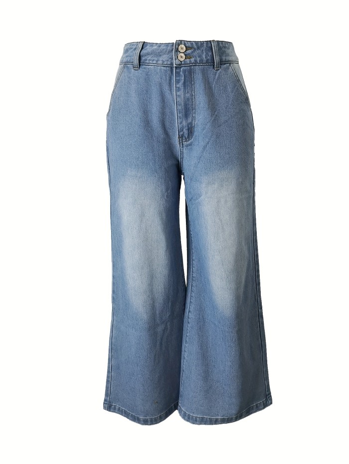 Double Buttons Loose Fit Wide Leg Jeans, Washed Blue Slash Pocket Comfy Denim Pants, Women's Denim Jeans & Clothing