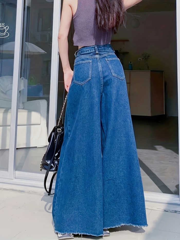 Women's High-Waisted Flared Jeans, Oversized Wide Leg with Frayed Hem, Street Style, Washed Denim, Vintage Fashion, Casual Wear