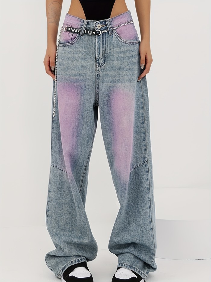 Women's Vintage High-Waisted Purple Color Block Detail Wide-Leg Denim Jeans, Loose Fit Casual Streetwear Pants For Fashion-Forward Outfits
