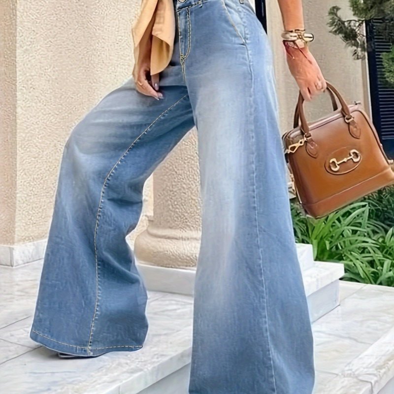 Double Buttons Loose Fit Wide Leg Jeans, Washed Blue Slash Pocket Comfy Denim Pants, Women's Denim Jeans & Clothing