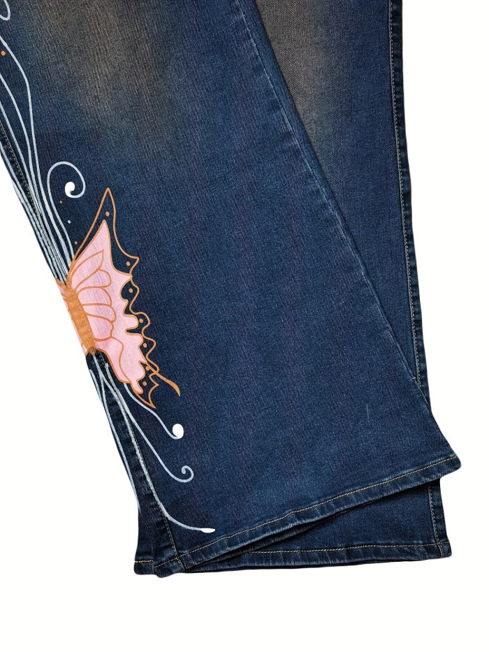 Plus Size Retro Jeans, Women's Plus Butterfly Print Button Fly Medium Stretch Grunge Flared Leg Jeans