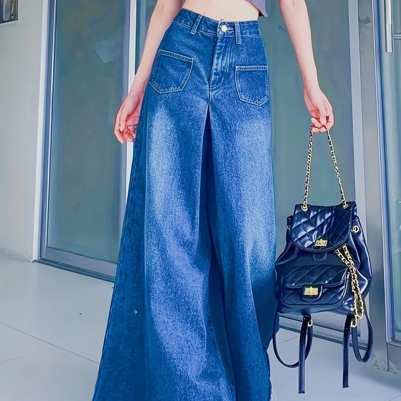 Women's High-Waisted Flared Jeans, Oversized Wide Leg with Frayed Hem, Street Style, Washed Denim, Vintage Fashion, Casual Wear