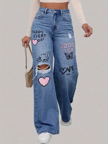 Heart Love Letter Graffiti Print Ripped Denim Pants, High Rise Washed Blue Valentine's Day Wide Leg Jeans, Women's Denim Jeans & Clothing