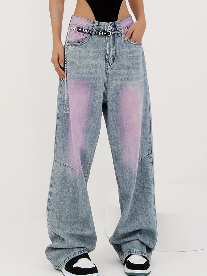 Women's Vintage High-Waisted Purple Color Block Detail Wide-Leg Denim Jeans, Loose Fit Casual Streetwear Pants For Fashion-Forward Outfits