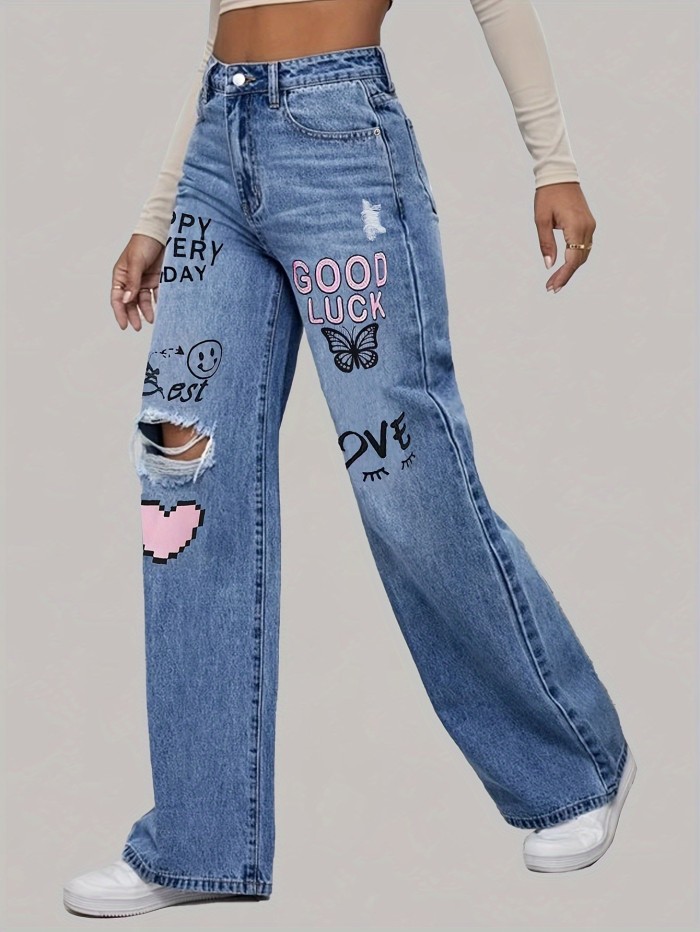 Heart Love Letter Graffiti Print Ripped Denim Pants, High Rise Washed Blue Valentine's Day Wide Leg Jeans, Women's Denim Jeans & Clothing