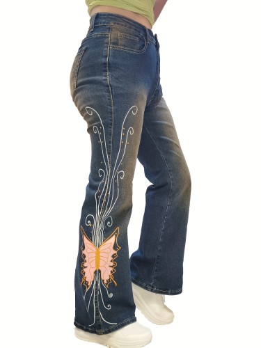 Plus Size Retro Jeans, Women's Plus Butterfly Print Button Fly Medium Stretch Grunge Flared Leg Jeans