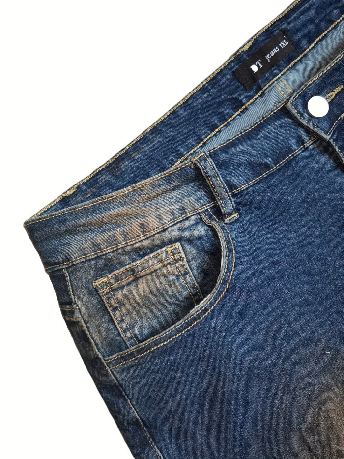 Plus Size Retro Jeans, Women's Plus Butterfly Print Button Fly Medium Stretch Grunge Flared Leg Jeans
