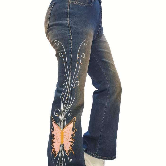 Plus Size Retro Jeans, Women's Plus Butterfly Print Button Fly Medium Stretch Grunge Flared Leg Jeans