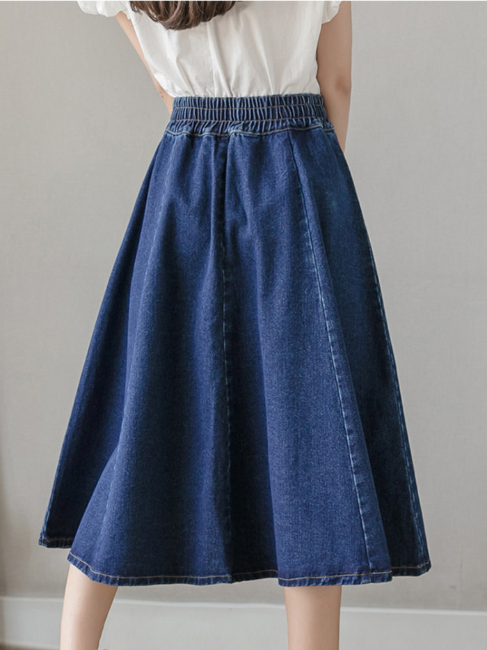 Women's Fashion Retro Stretch High Waist Loose Large Swing A-Line Denim Skirt