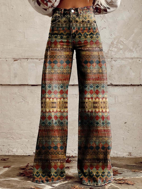 Women's Color Geometric Texture Print Casual Wide Leg Pants Jeans