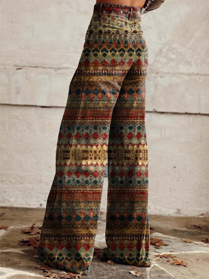 Women's Color Geometric Texture Print Casual Wide Leg Pants