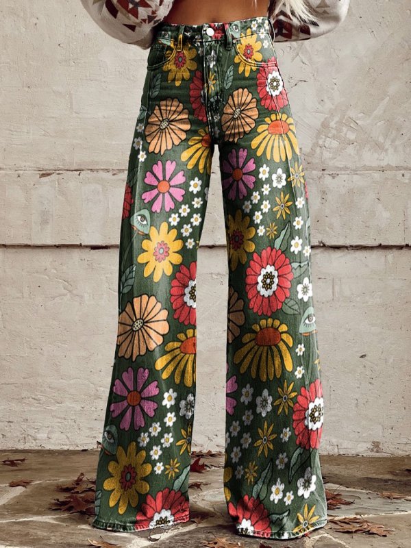 Women's Vintage Flower Daisy Print Casual Wide Leg Pants Jeans