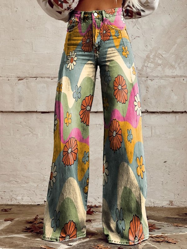 Women's Vintage Floral Daisy Print Casual Wide Leg Pants Jeans