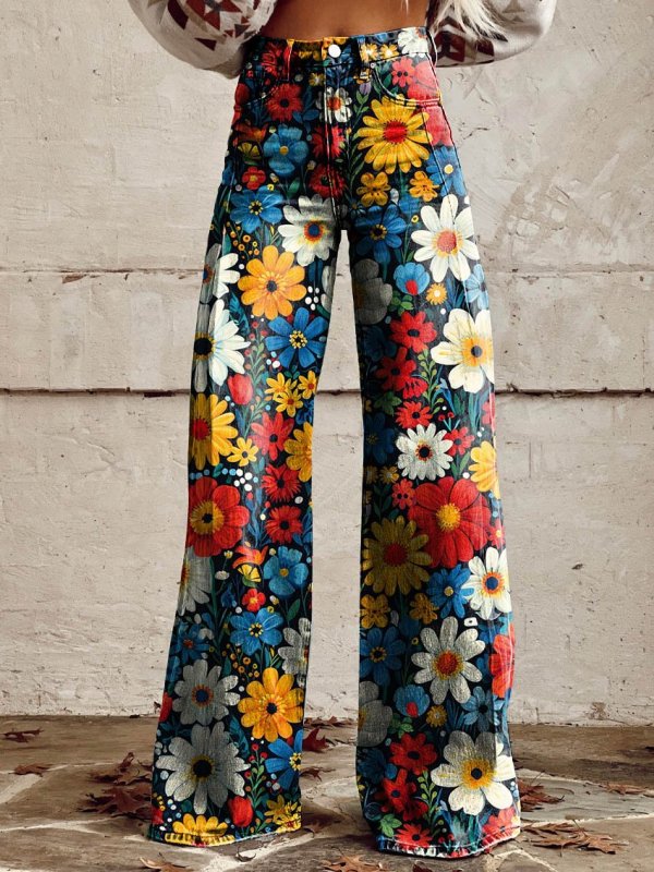 Women's Colorful Flower Print Casual Wide Leg Pants Jeans