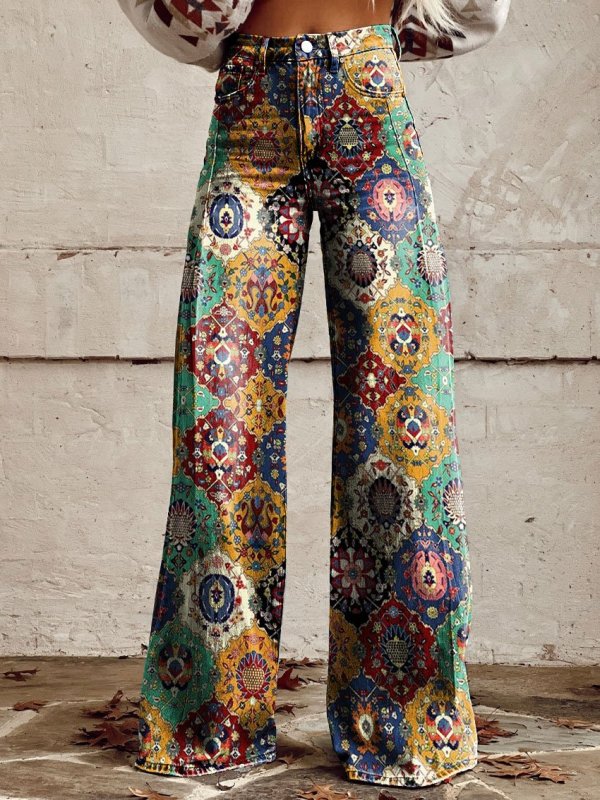Women's Vintage Geometric Pattern Print Casual Wide Leg Pants Jeans