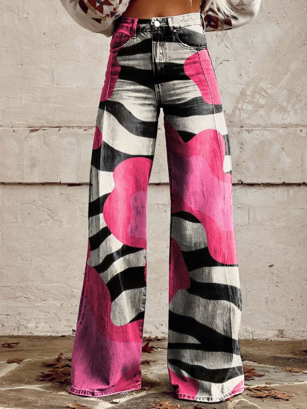 Women's Vintage Contrast Zebra Print Casual Wide Leg Pants Jeans